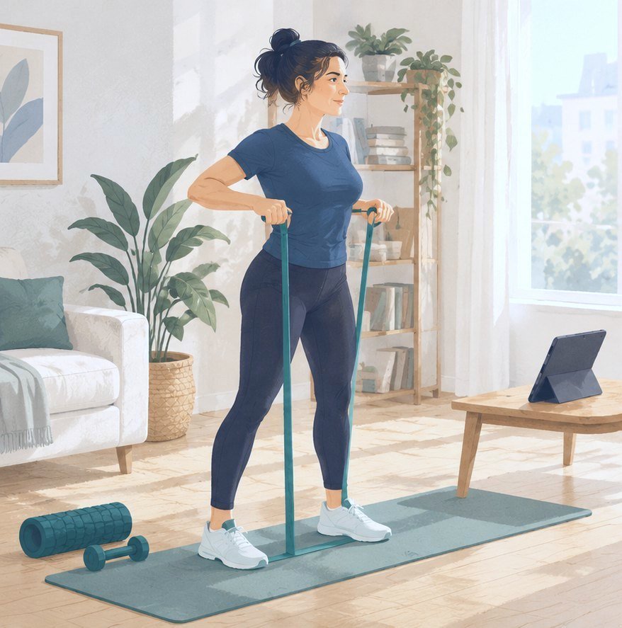 Illustrazione: una donna nel soggiorno fa un esercizio con l'elastico